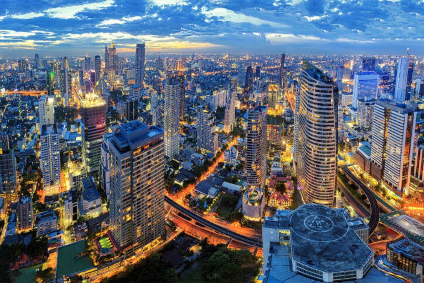 Breathtaking aerial view of the Bangkok city skyline at night