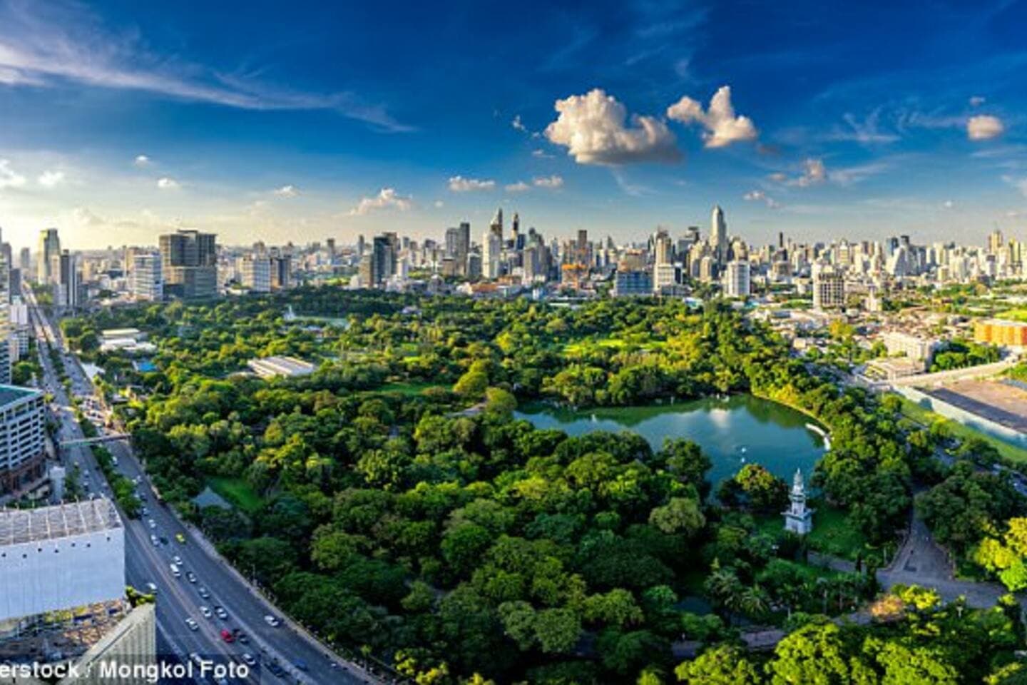 Aerial view of Lumphini Park, a lush green escape in central Bangkok