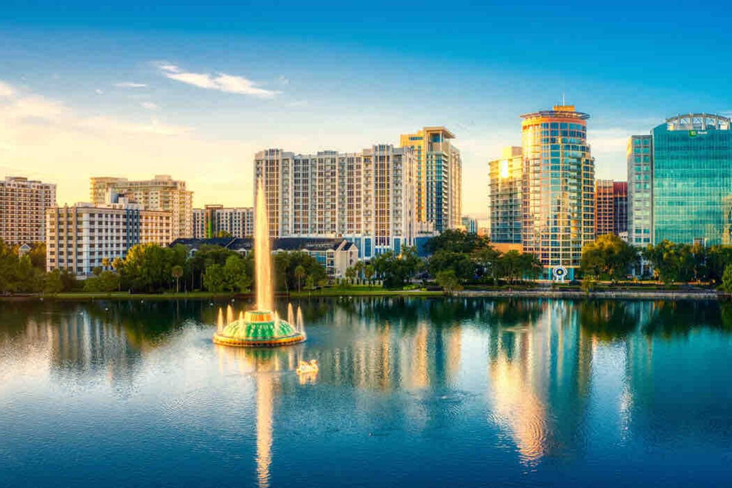 The iconic Lake Eola fountain at sunset near Downtown Orlando