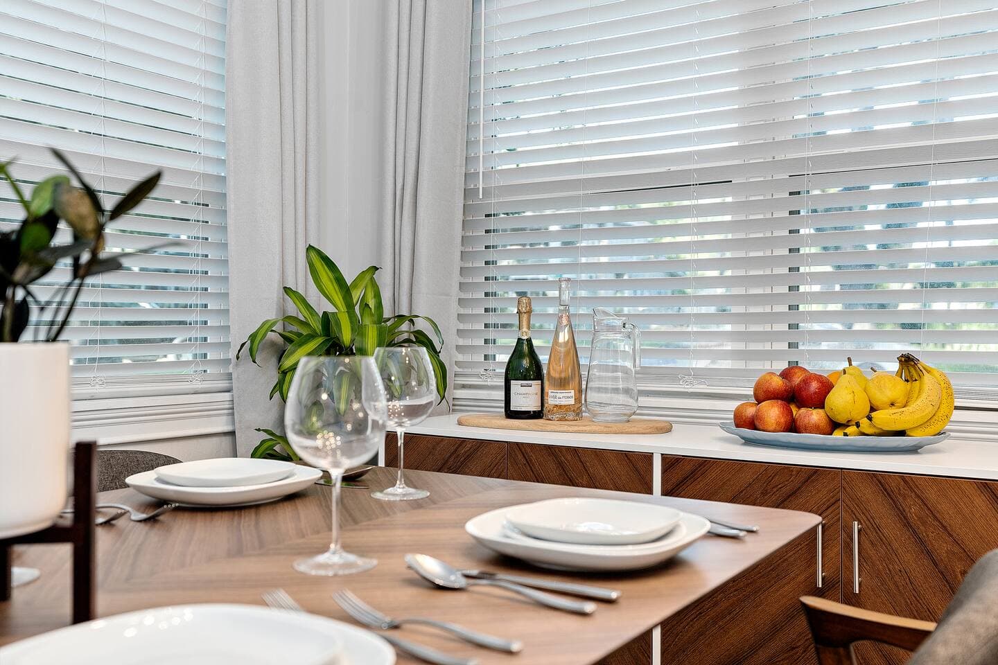 Close-up of elegant table setting and designer dinnerware