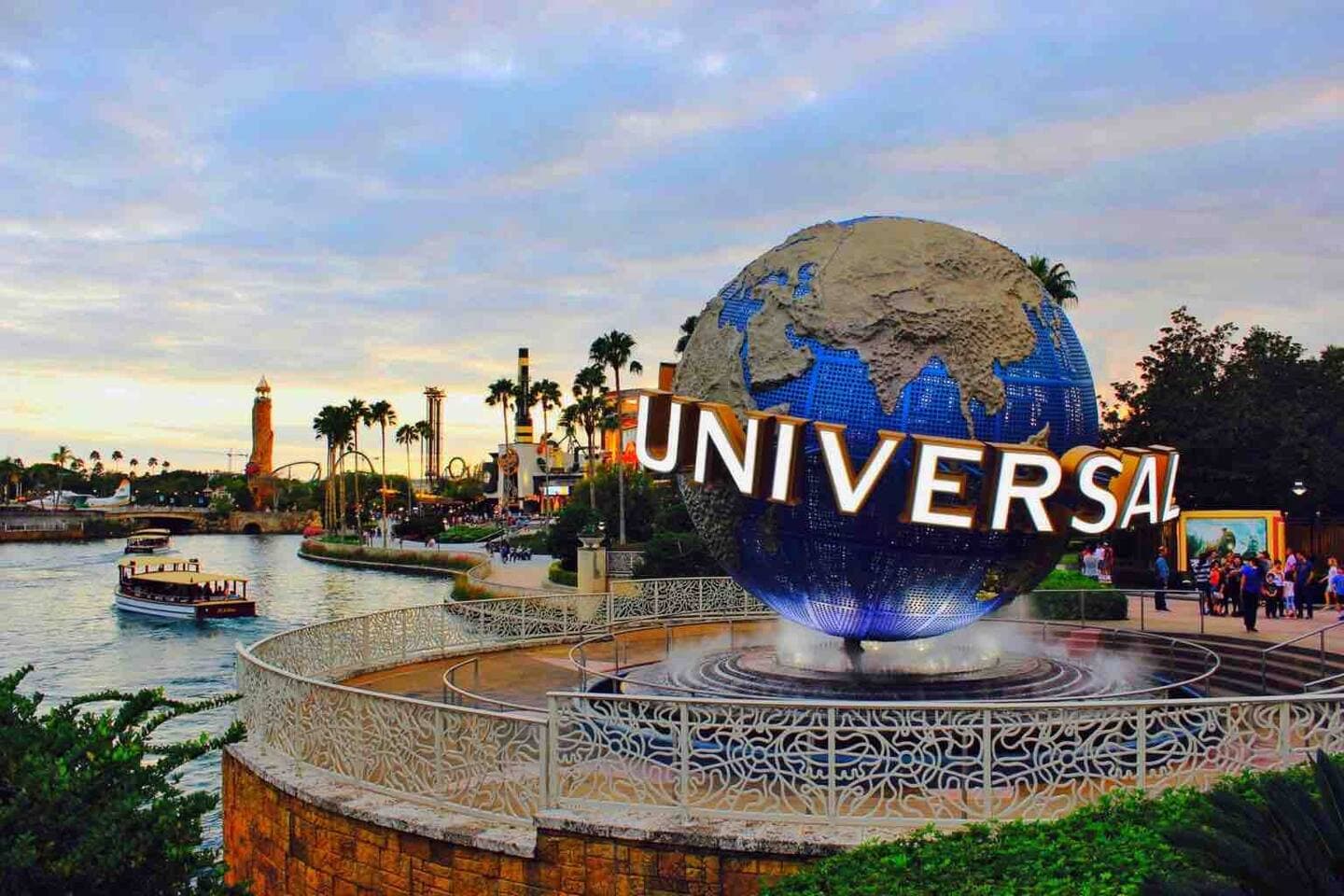Universal Studios Florida globe at night – easily accessible from our Downtown Orlando retreat