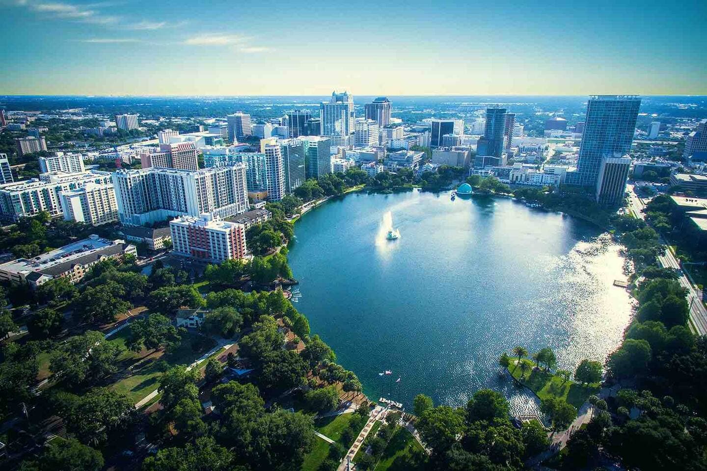 Aerial view of Lake Eola Park and the Downtown Orlando skyline